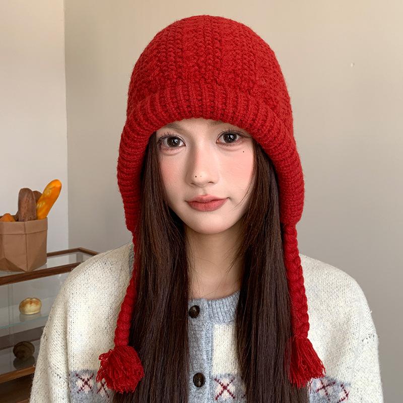Hat Women's Winter Large Head Circumference High end Balaclava Warm Ear Protection Knitted Hat Showing Face Small Woolen Hat
