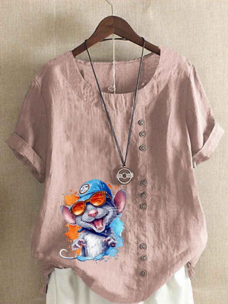 Women's Fashion Colorful Mouse Print Round Neck Short Sleeve T-shirt Casual Cotton Linen Graphic Shirt Leisure Loose Summer Blouse Tops