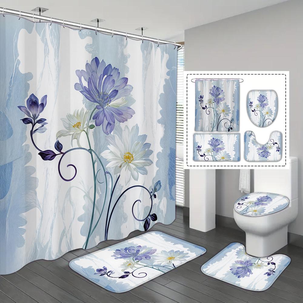 4-piece Set of Blue White Jade Orchid Waterproof Printed Shower Curtains with 12 Hooks, Bathroom Floor Mats