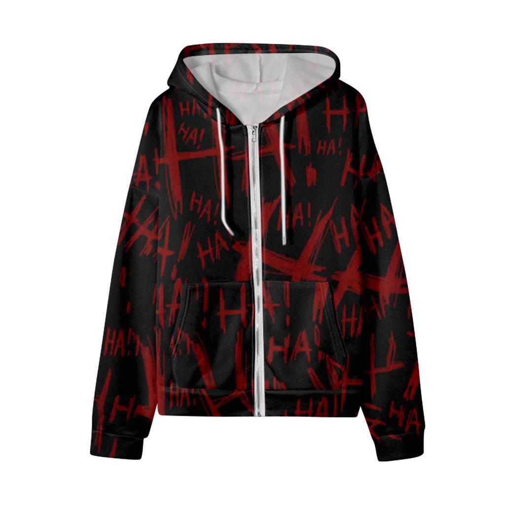 Damen Casual Mode Langarm Reißverschluss Bedruckt Kordelzug Kapuzenpullover