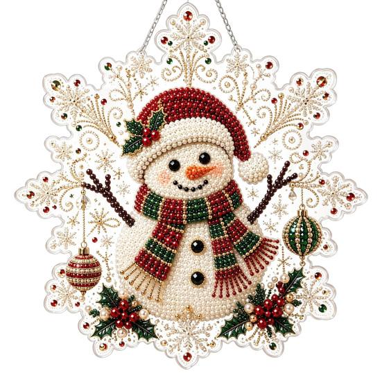 Handmade Christmas Tree Decor Faux Pearl Painting Suncatcher Kit, Acrylic Snowflake Shaped Board with Lace Relaxing Holiday Activity Edge, 3D Gemstone