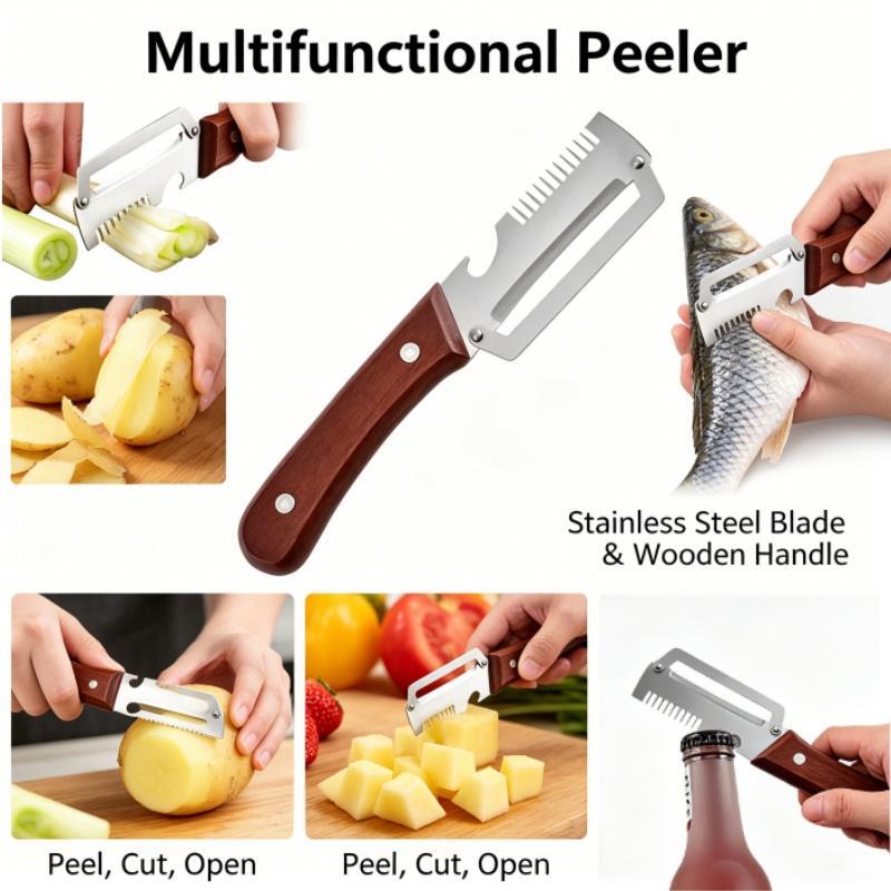Multi-Functional Vegetable Peeler Kitchen 2 In 1 Stainless Steel Peeler With Wooden Handle And Bottle Opener