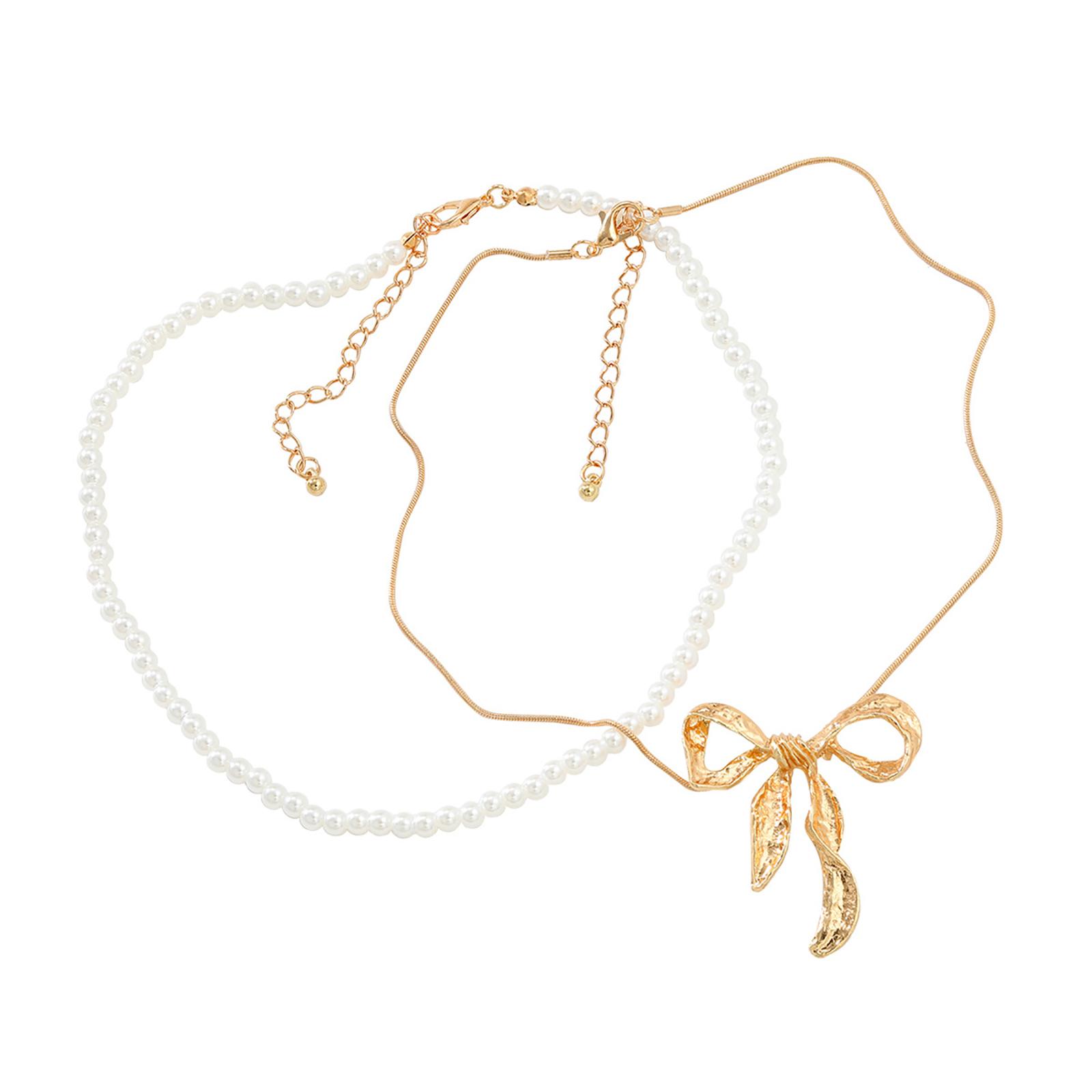 

2Pcs Elegant Jewelry Set Pearls Beaded Necklace Butterfly Knot Pendant Neckchain Adjustable Choker Ornament for Women золотой