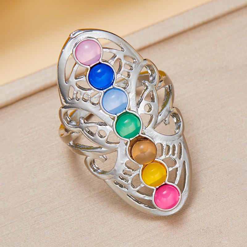 7 Chakras Beads Rings for  Vintage Hollow Silver Color Plated Yoga Tiger Eyes Stone Adjustable Open Ring Boho Ethnic Jewelry