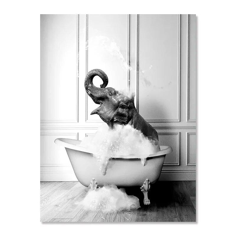 Black White Animals Elephant Penguin Giraffe In Tub Bathroom Wall Art Canvas Painting Posters and Prints Wall Picture Room Decor