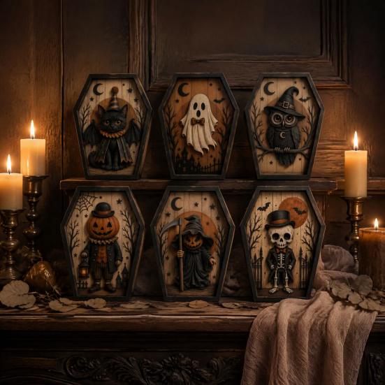 Unique Halloween Gifts for Friends Coffin-Shape Wooden Sign Decor, Pumpkin Skeleton Ghost Owl Desktop Statue Decor Patterns, Spooky Tabletop Ornament