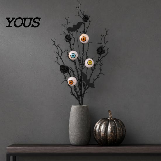 Halloween Spooky Decor Black Artificial Branches, Scary Eyeballs Picks with Bats Pine Waterproof Cones for Gothic Vase Filler, Floral