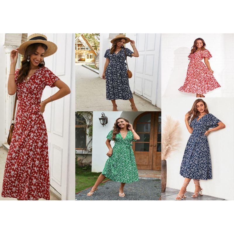 

Европейское и американское платье с V-образным вырезом с принтом Amazon Red S