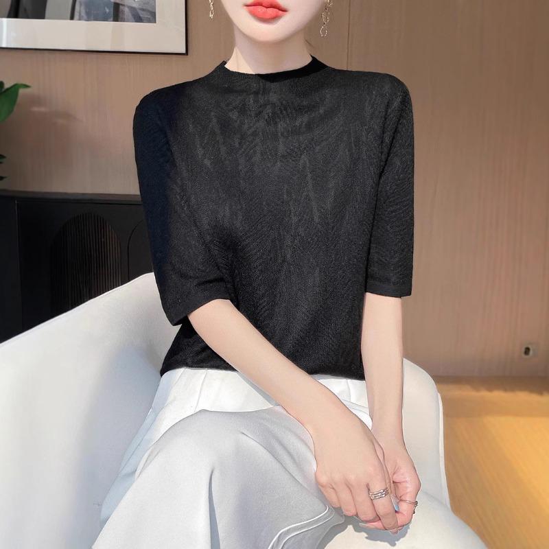 Tricou tricotat pentru femei, primăvara și vara, cu guler rotund, design premium, Sense Slim, tricotat cu mânecă scurtă