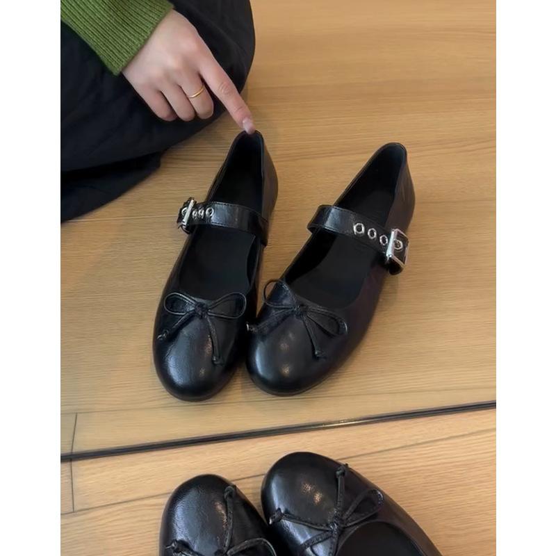 Sheepskin version~ leather flat-bottomed bow light mouth ballet single shoes women's 2025 new French retro Mary Jane shoes