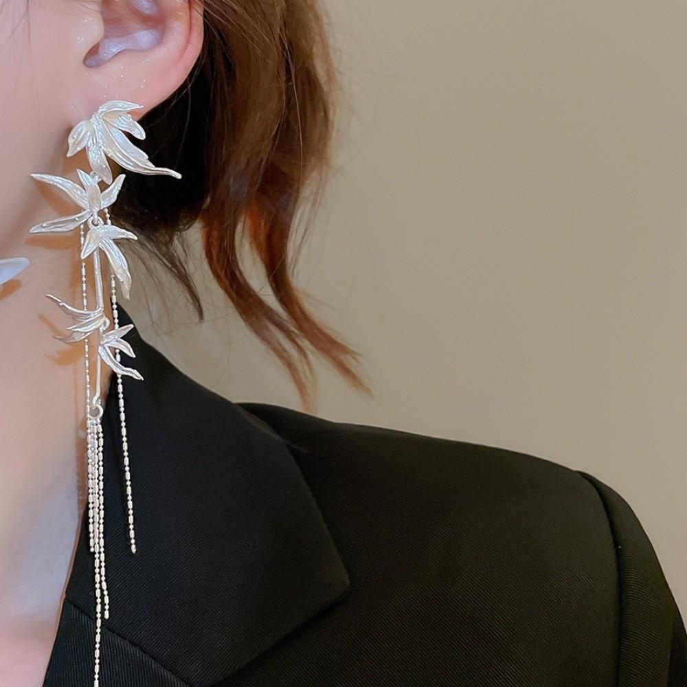 Zinc Zinc Alloy Long Tassel Dangle Earrings Chinese Ancient Style Ear Jewelry Bamboo Leaf Earrings Party