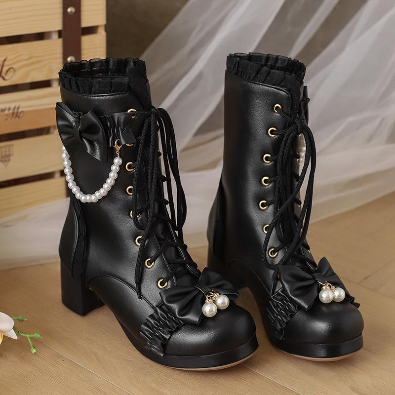 Winter Girls Ankle Boots Sweet Lolita Bowknot Lace Party Wedding Shoes Women High Heels Girls Princess Cosplay Fur Boots 30-43