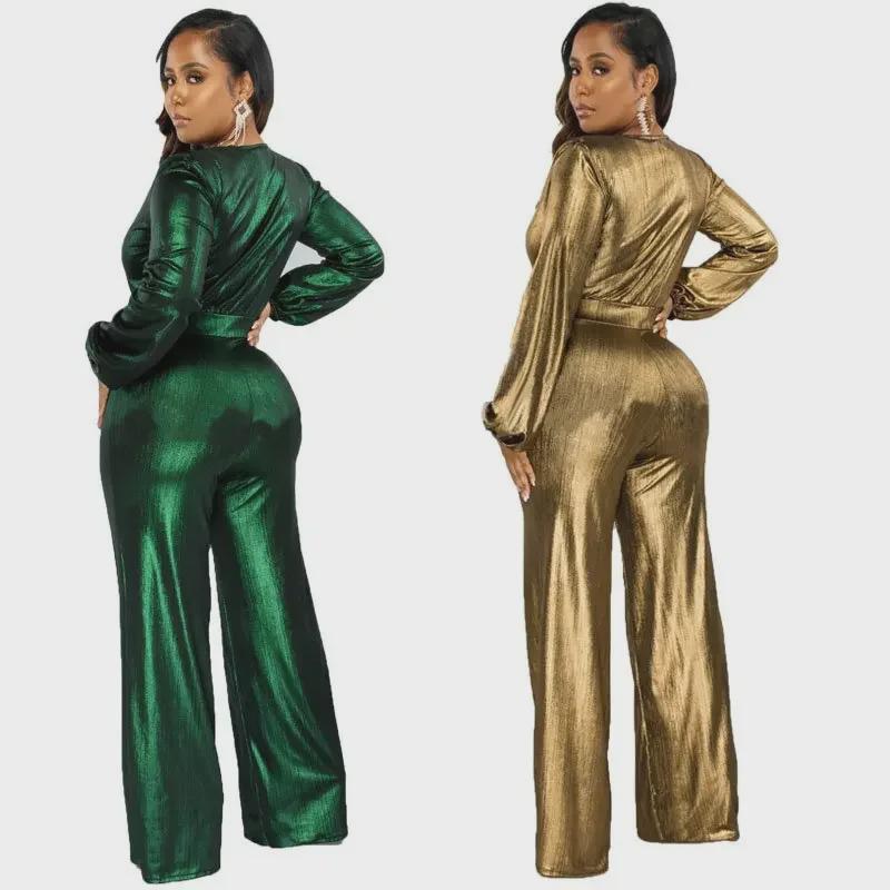 Salopetă Argintie cu Decolteu în V, Foarte Elastică - Stil Sexy European și American