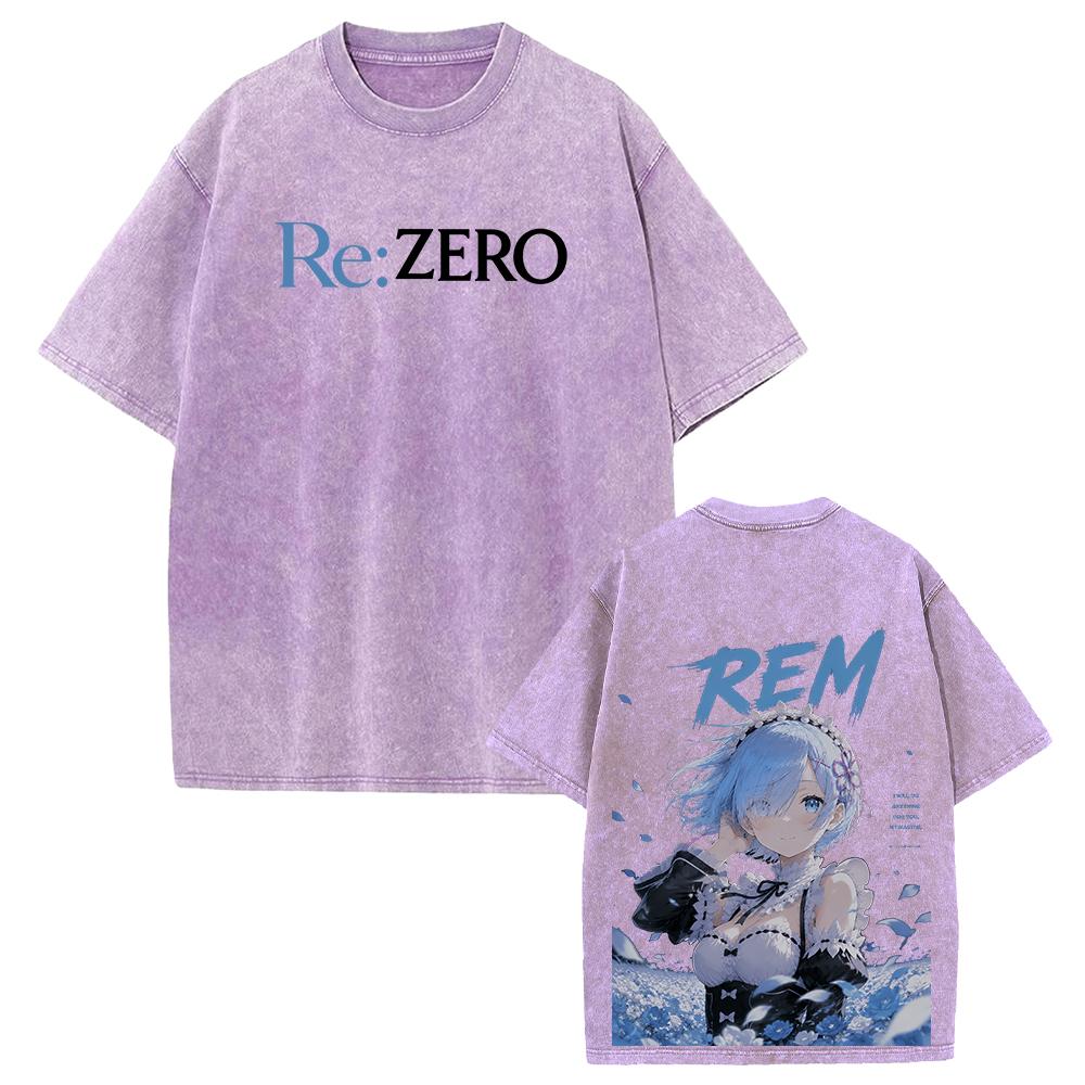 Re:ZERO Rem Anime Printed T-shirt Harajuku Vintage Washed T Shirt Men Clothing Short Sleeve Casual Oversized Cotton Tees Tops