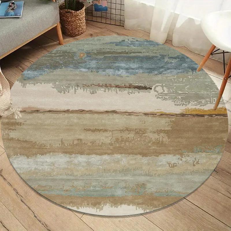 Wabi-Sabi Blue Gray Abstract Round Rug, Modern Ink Wash Texture Print Floor Mat, Non-Slip Living Room Carpet, Minimalist Home