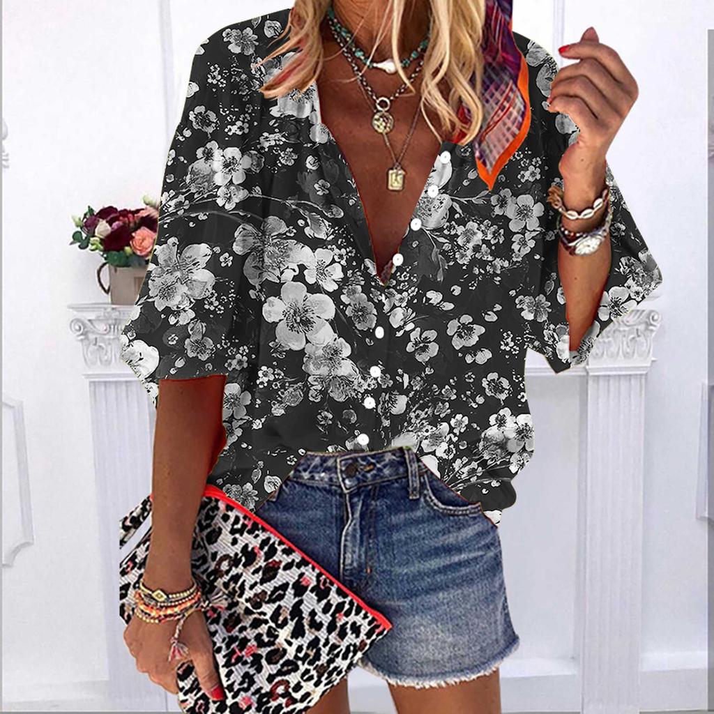 2023 Summer Autumn New Fashion Women's Tops Orange Plum Printed Half Sleeve Casual Plus Size Button-down Shirt with Bubble Sleeves