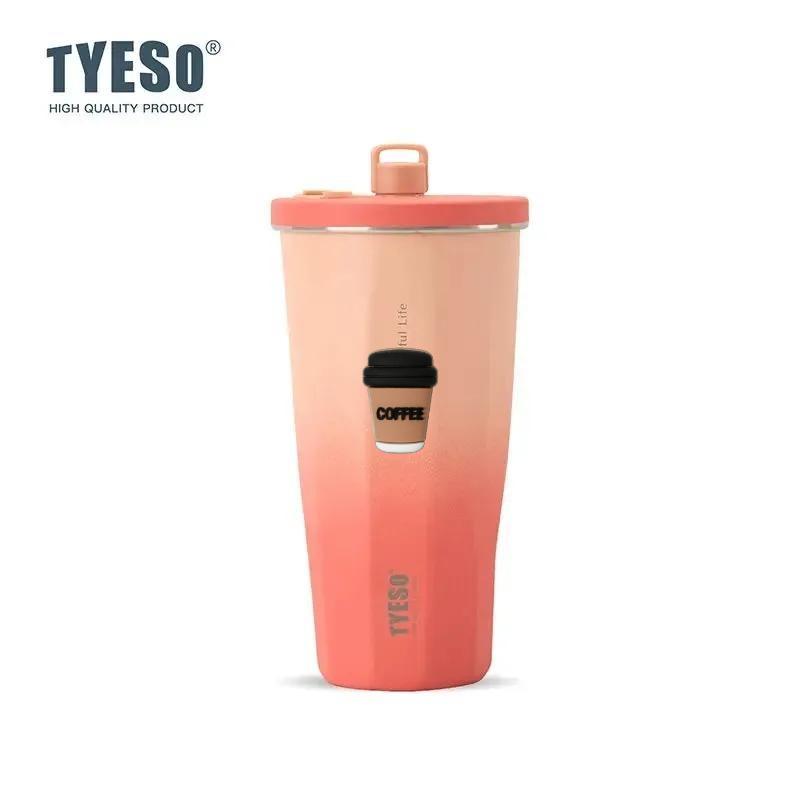 Tyeso 600ML Stainless Steel Coffee Cup With Straw Gradient Color Insulated Water Bottle Car Thermos Mug Cold Drink Vacuum Cup with Coffee Sticker