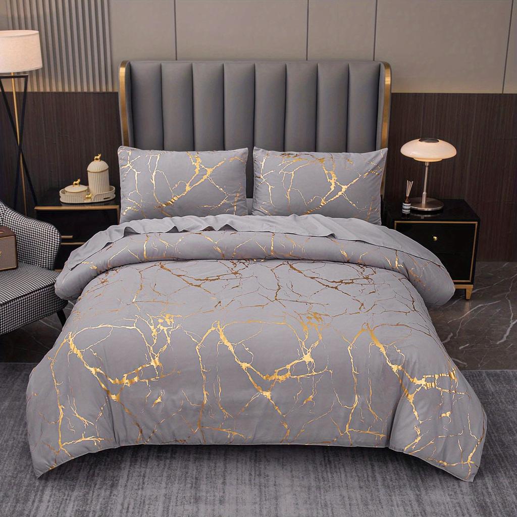 3Pcs Modern Simple Bedding Set Solid Color Pink/Grey/Green/Blue/Purple Marble Pattern Hot Stamping/Silvery Duvet Cover Set