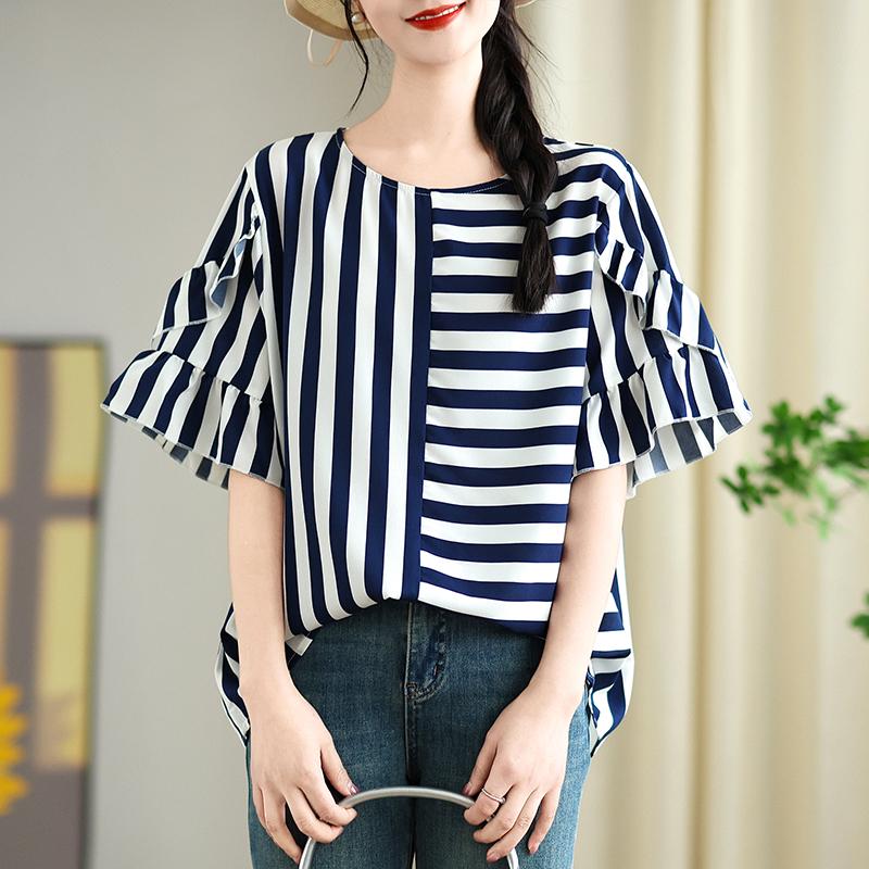 DIMANAF 2025 Summer Plus Size Short Sleeve T-Shirt Stripe Women O-Neck Loose Basic Tops Tees