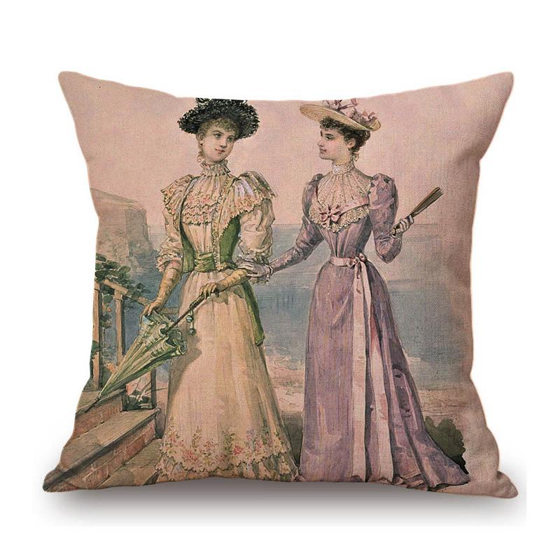 Elegant European Victorian Era Fashion Duchess Ladies Vintage Poster Royal Home Decorative Sofa Pillow Case Linen Cushion Cover