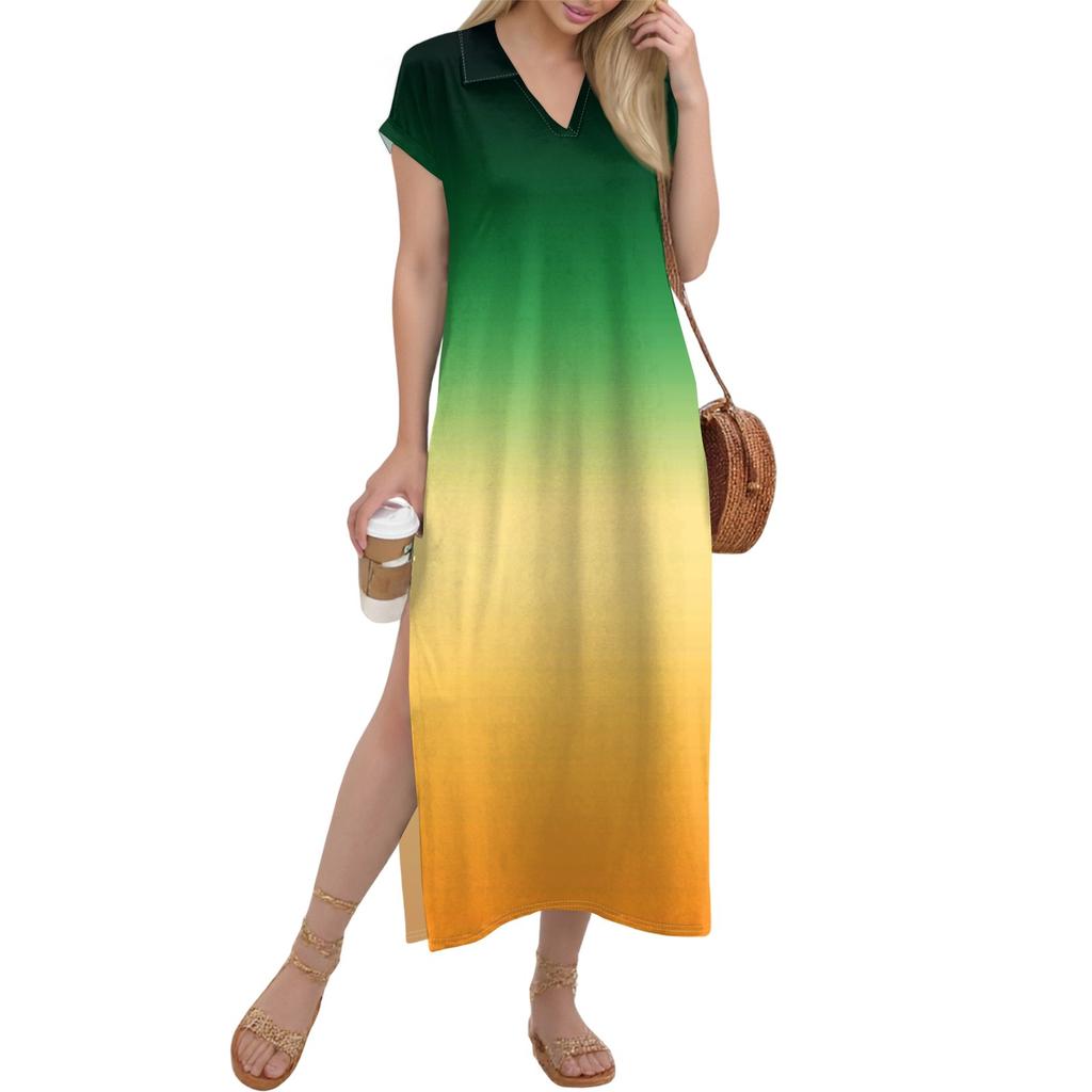 Damen Langer Rock Lässiges V-Ausschnitt Langes Hemdkleid Lockerer Schlitz Urlaub Kurzarmkleid