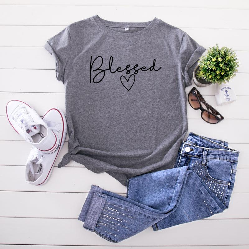 Summer Round Neck Letter Blessed Printed Top Fashionable Casual Short Sleeved Women's Pure Cotton T-shirts