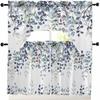 Kitchen Curtains Sets 24 Inch Length with Valance, Abstract Art Blue Leaves Branches Swag Valances for Windows and Tiers Curtain Set, Light Filtering