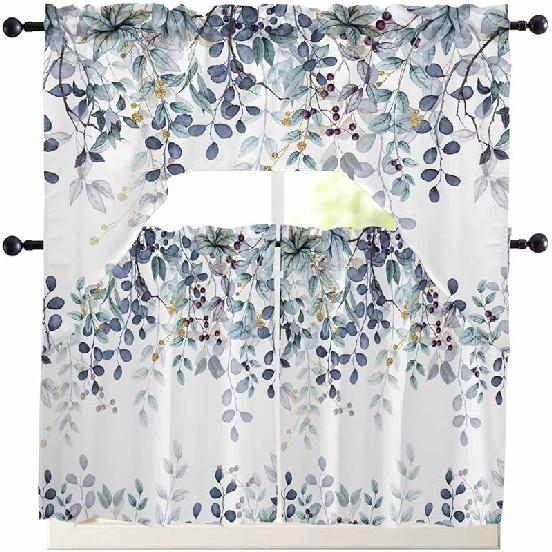Kitchen Curtains Sets 24 Inch Length with Valance, Abstract Art Blue Leaves Branches Swag Valances for Windows and Tiers Curtain Set, Light Filtering