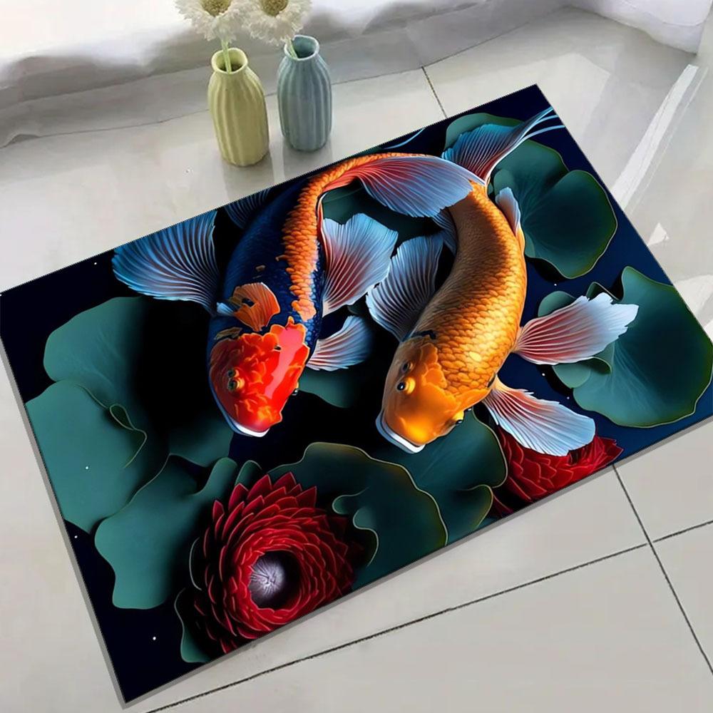 Soft Polyester Area Rug with Double Fish Pattern, Non-Slip Floor Mat for Living Room, Bedroom, Home Decor Crystal