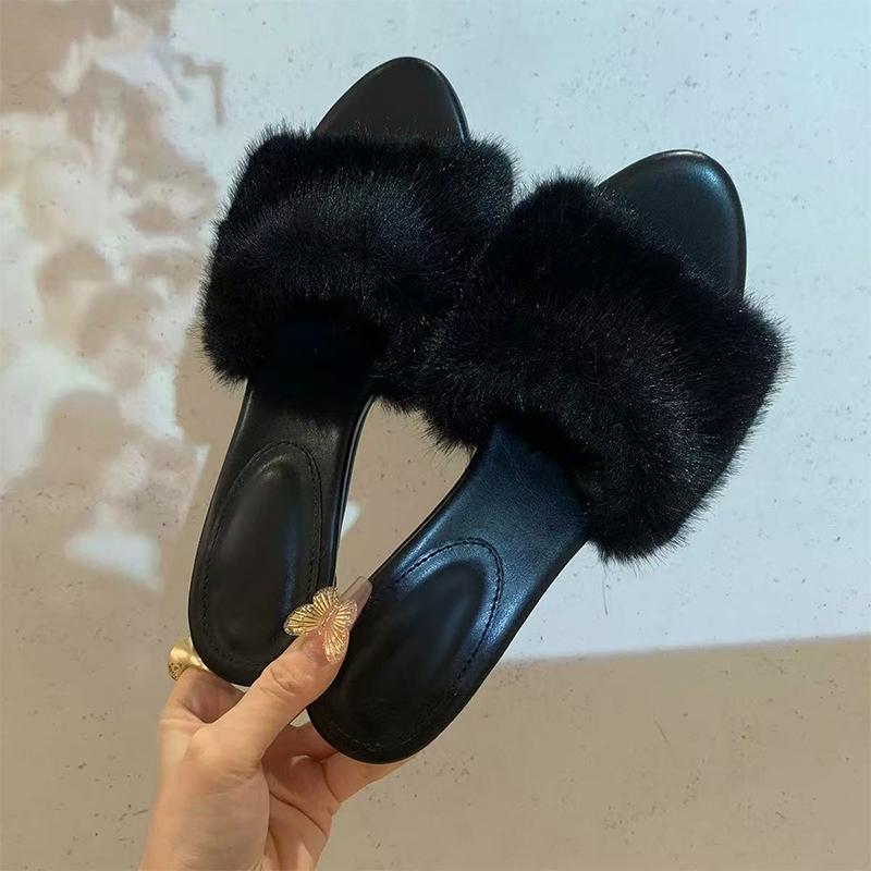 Fur Women High Heels Slippers Designer Shoes Dress Luxury Women Cotton Shoes 2025 Winter Elegant Sexy Zapatos Para Mujer