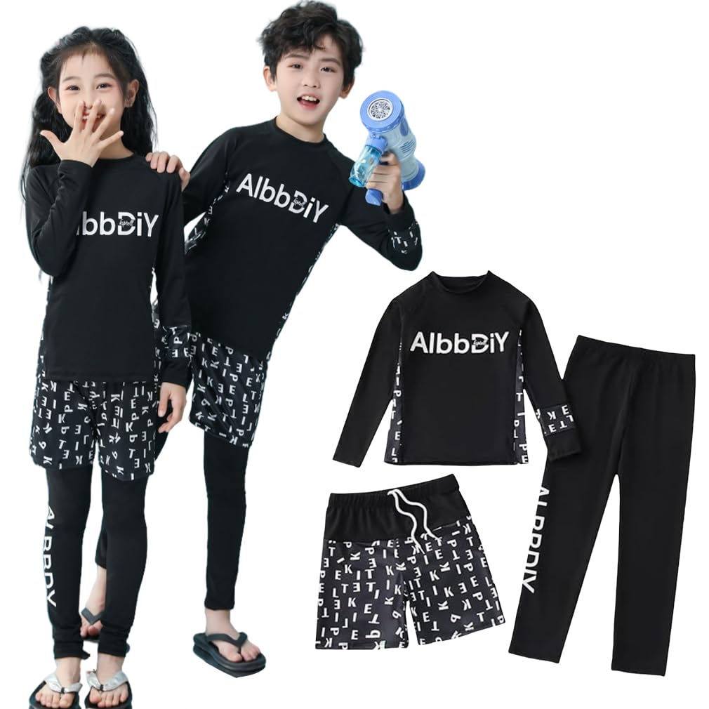 

Icyrain Детский купальник из 3 предметов с рашгардом, Купальник с длинным рукавом для детей, Раздельный купальник, Школьный купальник, Защита от УФ-лучей (Размер 160, Черный)