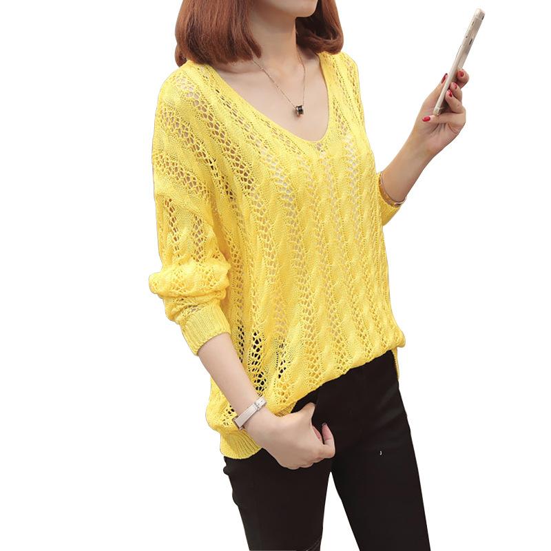 Spring and Summer Women's Hollow Knitted Sweater Loose Pullover V-neck Sweater for Women