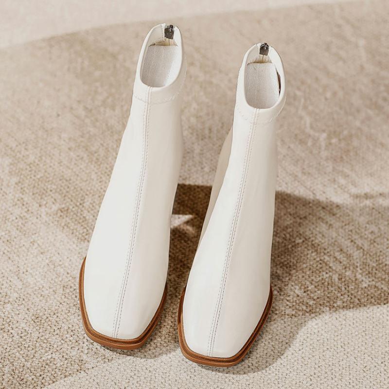 Ghete de damă franțuzești cu toc înalt, până la gleznă, cu toc gros, cizme de modă, piele moale, cizme simple de primăvară și toamnă, cizme cu vârf pătrat