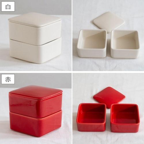 Kamoshika Douguten Square Lidded Storage Container Set, 2-Tier, Microwave-Safe, Banko Ware Ceramic, Made In Japan (Red)