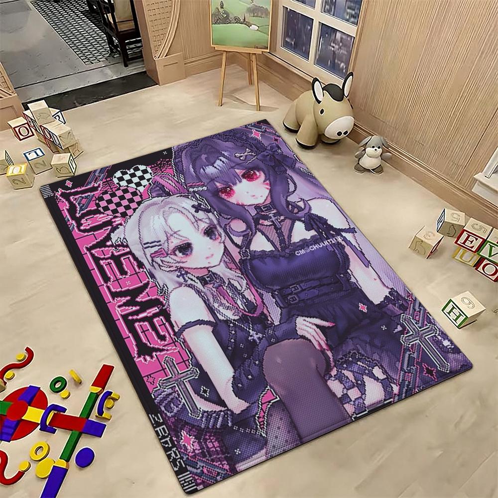 Twin Catgirls Black Lingerie Printed Rug Thick Nonslip Carpet For Gaming Room Study Living Room Home Party Decor Christmas Gift