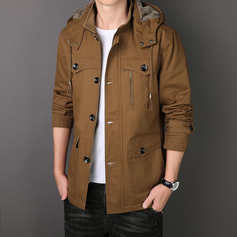 Men's Mid-Length Fleece-Lined Windbreaker: Warm Thick Cotton-Padded Hooded Jacket for Autumn & Winter