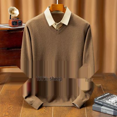 Men’s 100% Wool Fake Two-Piece Knit Sweater – Casual Warm Lapel, Mid-Aged & Young Style