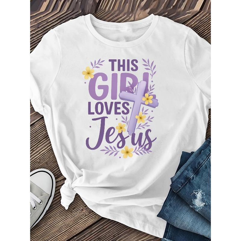 

Women Cute Christian Jesus T-Shirt - Religious Print Short Sleeve Top , Casual Church Wear, Spring Summer Apparel, Regular Fit Tee S белый