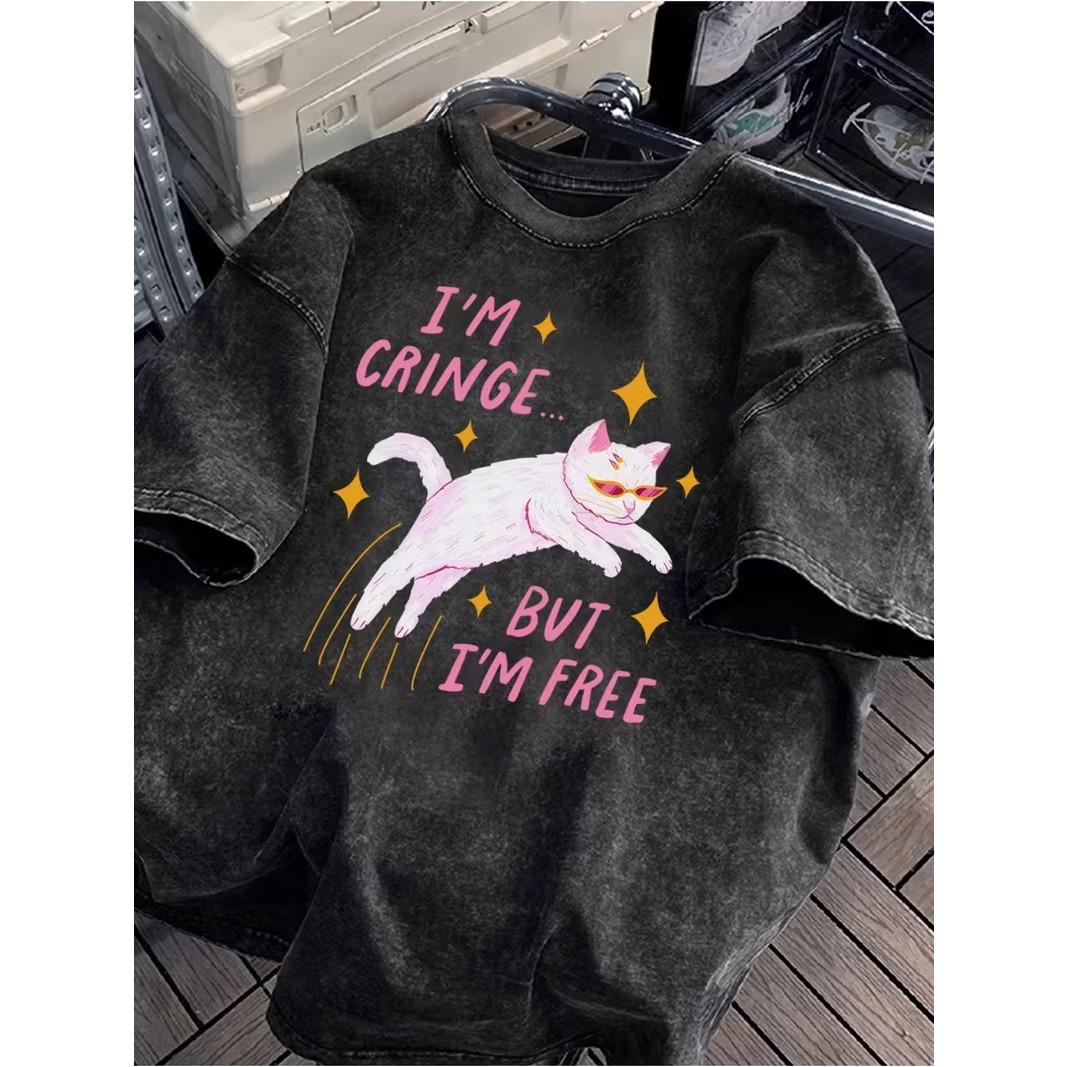 IM CRINGE BUT IM FREE Cute Pink Cat Graphic Tee Casual Loose Fit Short Sleeve YK Streetwear Tops for Men Women S