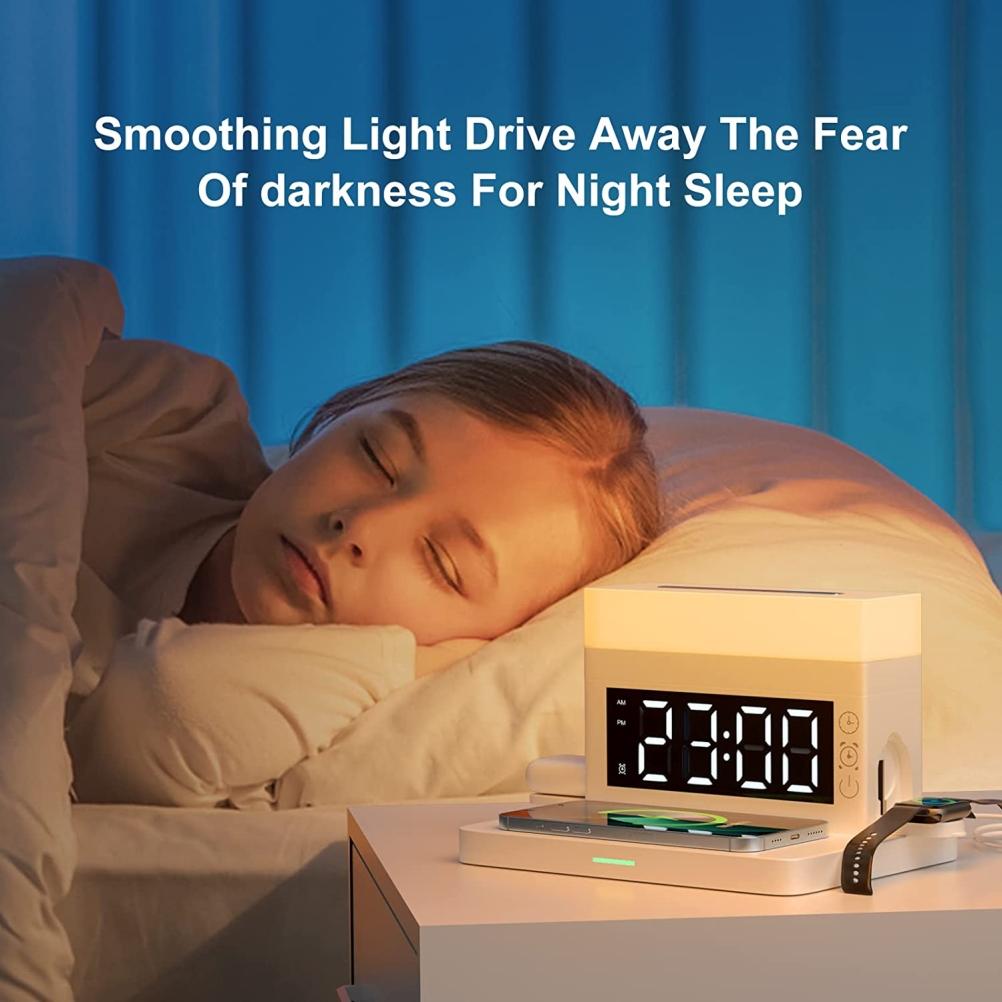 Stație de încărcare wireless 6 în 1 cu ceas deșteptător digital cu lumină de noapte LED, încărcare rapidă de 18W