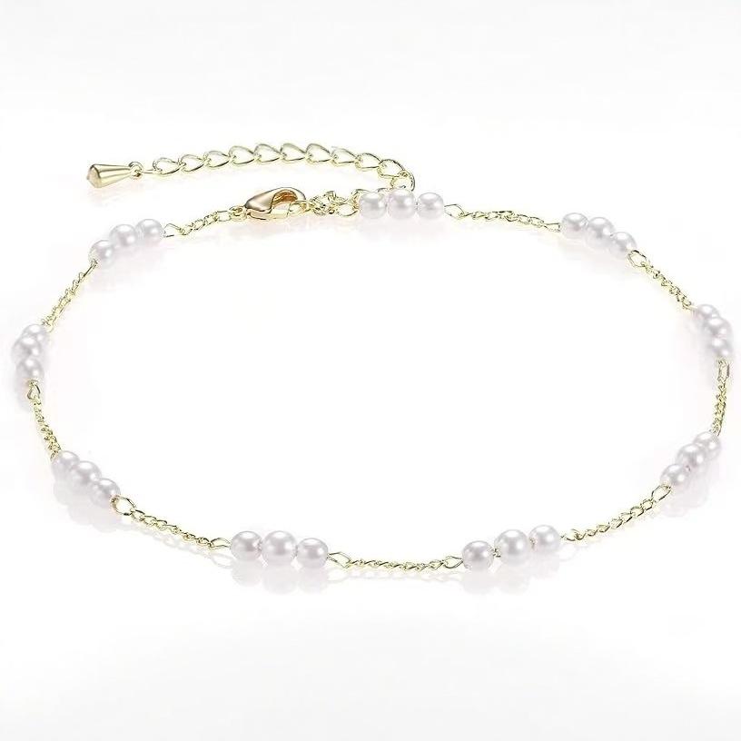 Gold/Silver Ankle Bracelets for Women,14K Gold Plated Tiny Pearl Beads Ayered Anklet Summer Foot Jewelry