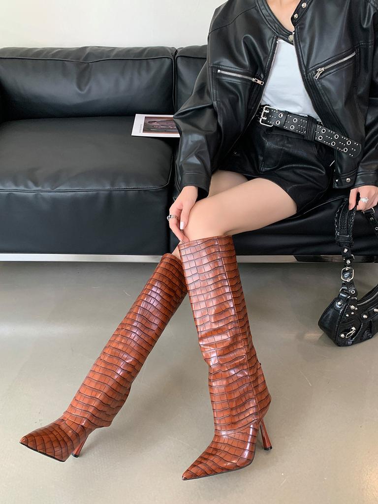 Fashion Pointed Toe Women Knee High Heels 2024 New Arrivals Fashion Thin High Heels Black Brown White Stiletto Party Pumps Chelsea Botas