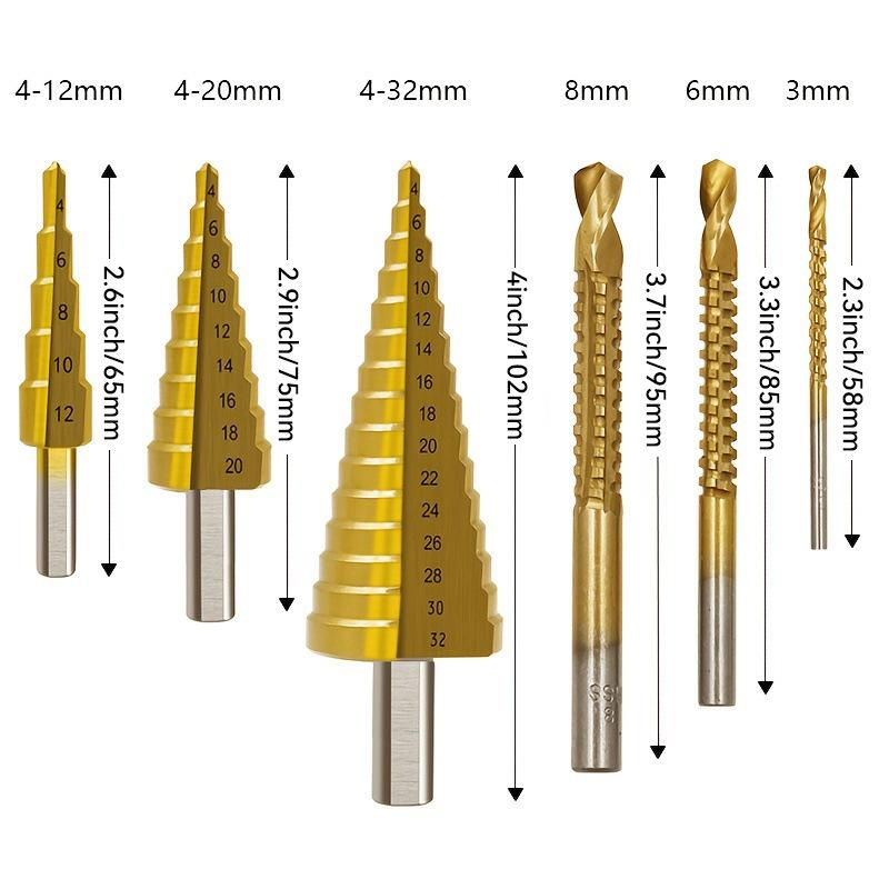 6pcs High-speed Steel 4241 Titanium Plated Step Drill Set, Triangular Handle Pagoda Drill, Woodworking Groove Saw Drill