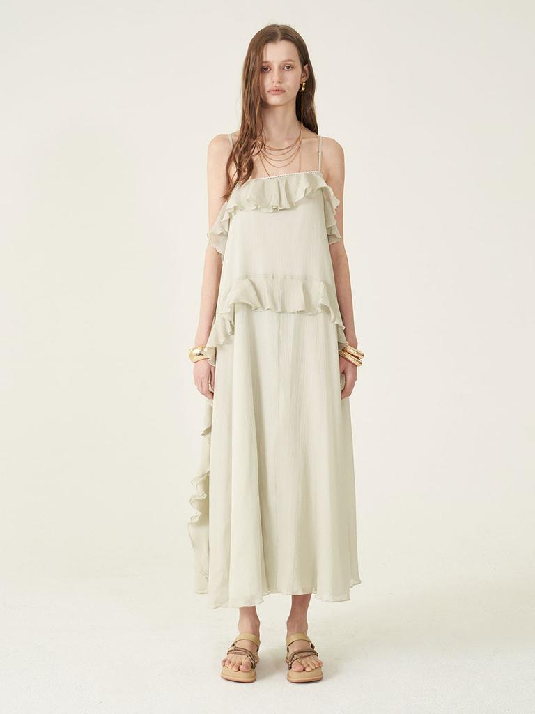 Kaie Silver Thread Striped Cotton Silk Tiered Frill Slip Dress