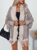 Women's Autumn and Winter Large Size Leopard Print Fur Collar Knitted Cardigan Loose Bat Sleeve Cape Sweater Top Women 6 Colors