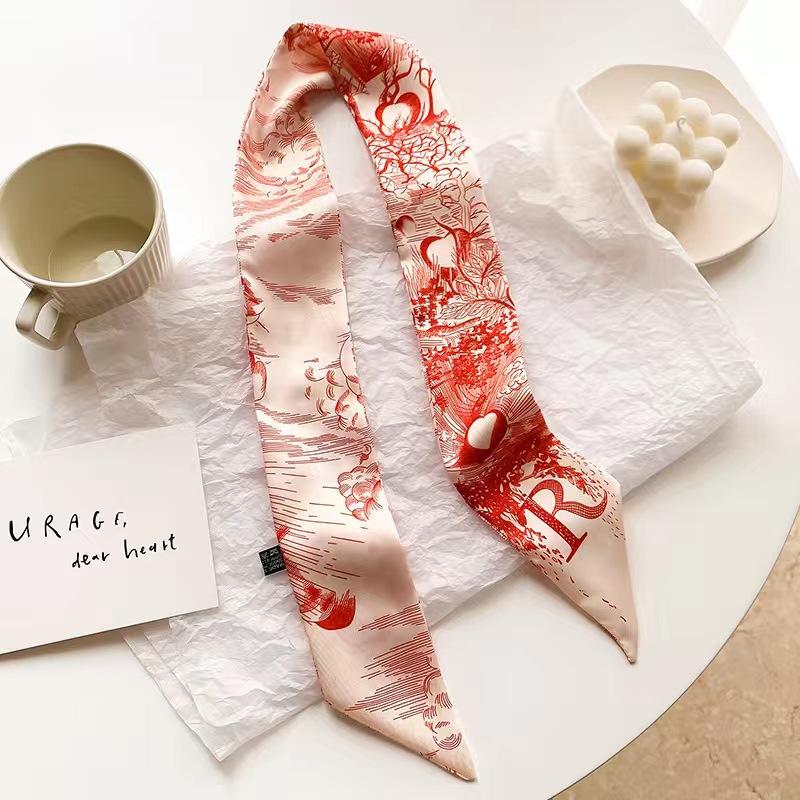 Small White And Tender Green Silk Scarf For Women, Thin Streamer, Headband, Hair Tie, Bag Decoration Long