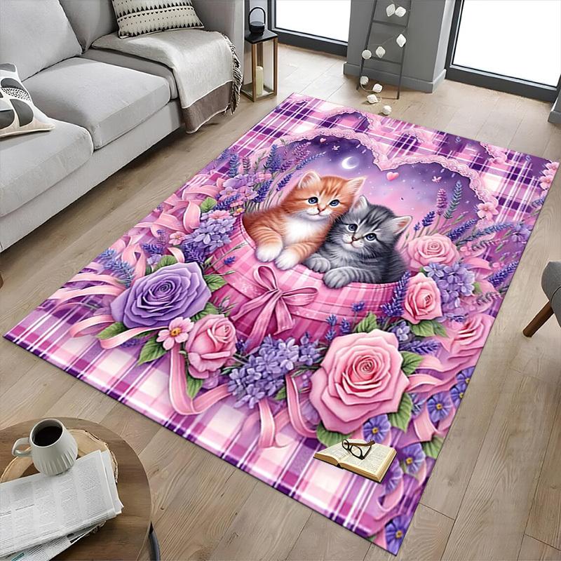 1PC Kittens Flowers Extra Large Non-Slip Floor Carpet, Office, Family, Bedroom, Studio - Large Area Rug Indoor Rugs, Vibrant Colors-A240
