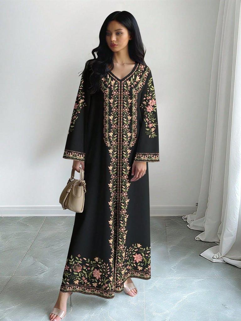 Frühling 2026 Elegantes Lässiges Damen V-Ausschnitt A-Linie Langarmkleid