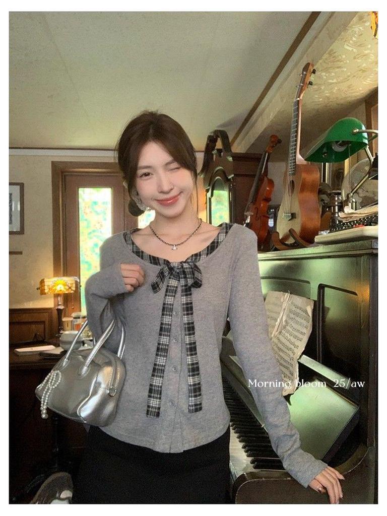 Women's Autumn Slim Fit Retro Lace-up Bow Tie Long Sleeve Top