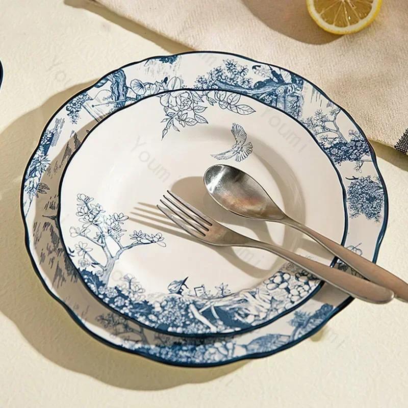 Malowany ręcznie talerz ceramiczny z kwiatami, lekki luksusowy talerz restauracyjny do steków, włoskich makaronów, wykwintne i pyszne dania, talerze jadalne